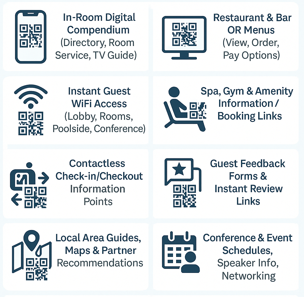 Examples of HotelQR codes used in rooms, restaurants, and lobbies